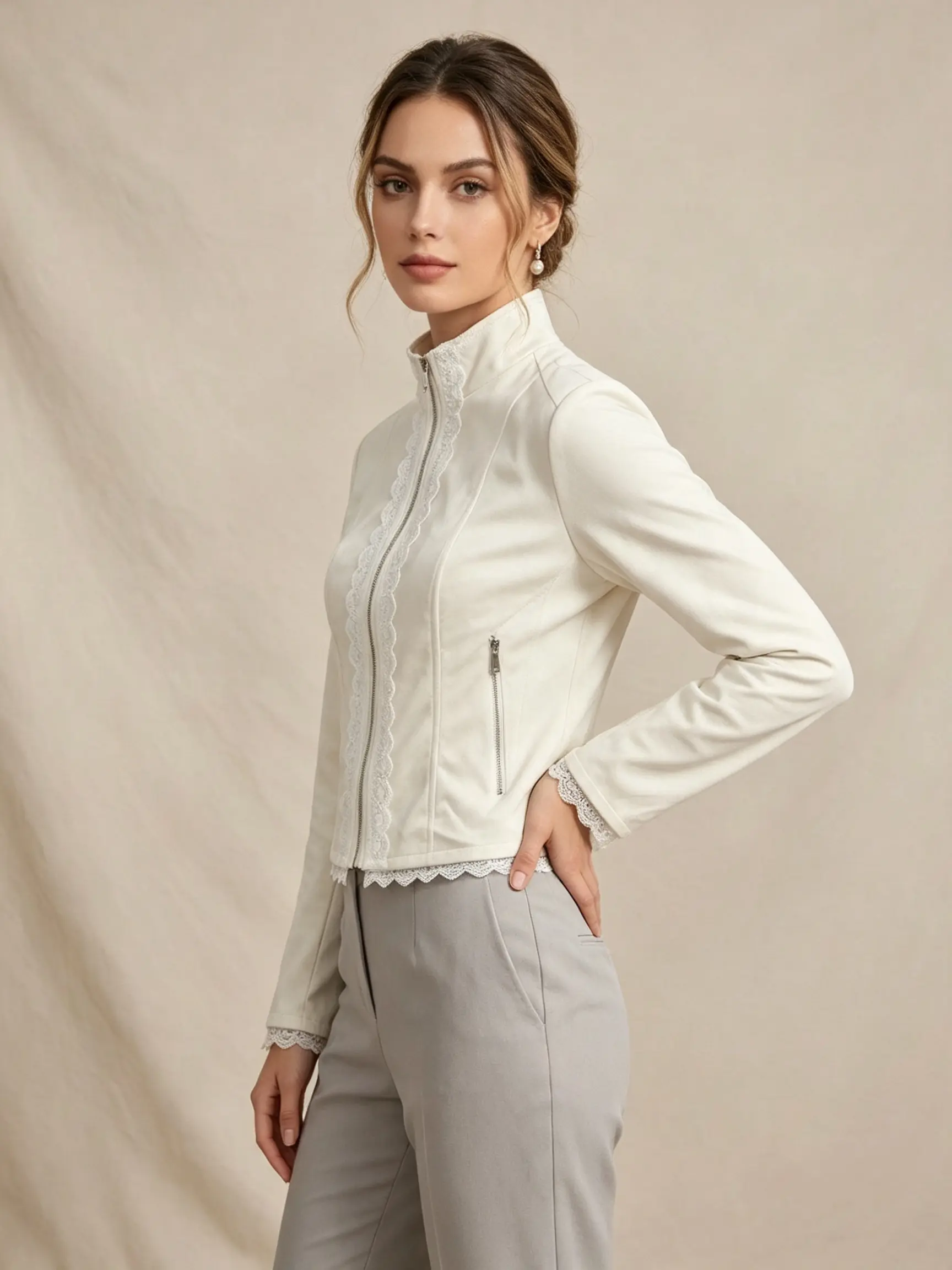 Women's white suede short jacket, new autumn arrival, turn-down collar, zip closure, slim fit for petite women