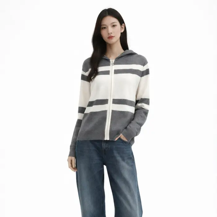 Casual Striped Hooded Wool-Blend Knit Jacket