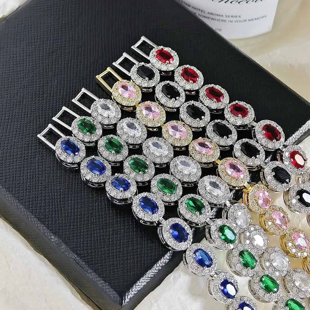 Multicolor Oval-Cut CZ Halo Bracelet with Extender Chain, White/Yellow Gold Plated, Colorful Gemstone Jewelry with Radiant Sparkle