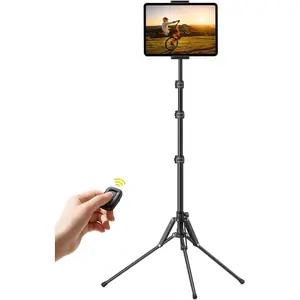 Tablet Floor Tripod Stand - 64.9" Tablet Holder Mount with Adjustable Height for Stream/Watching with Bluetooth Remote, for iPad Pro 12.9, Mini, Air, iPhone and 4.7-13" Tablet and Cellphone Accessories Aluminum