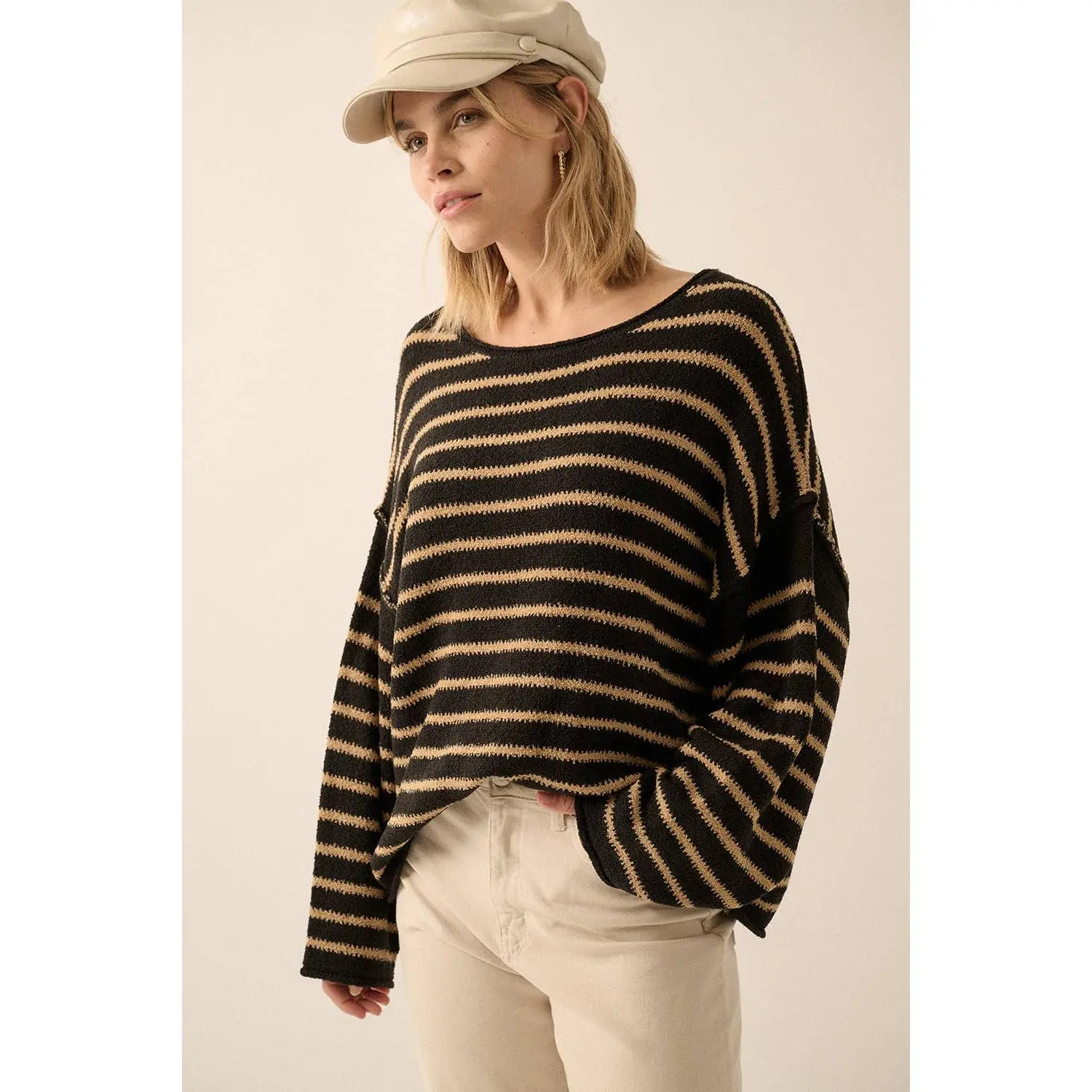 Striped Textured Knit Oversized Sweater