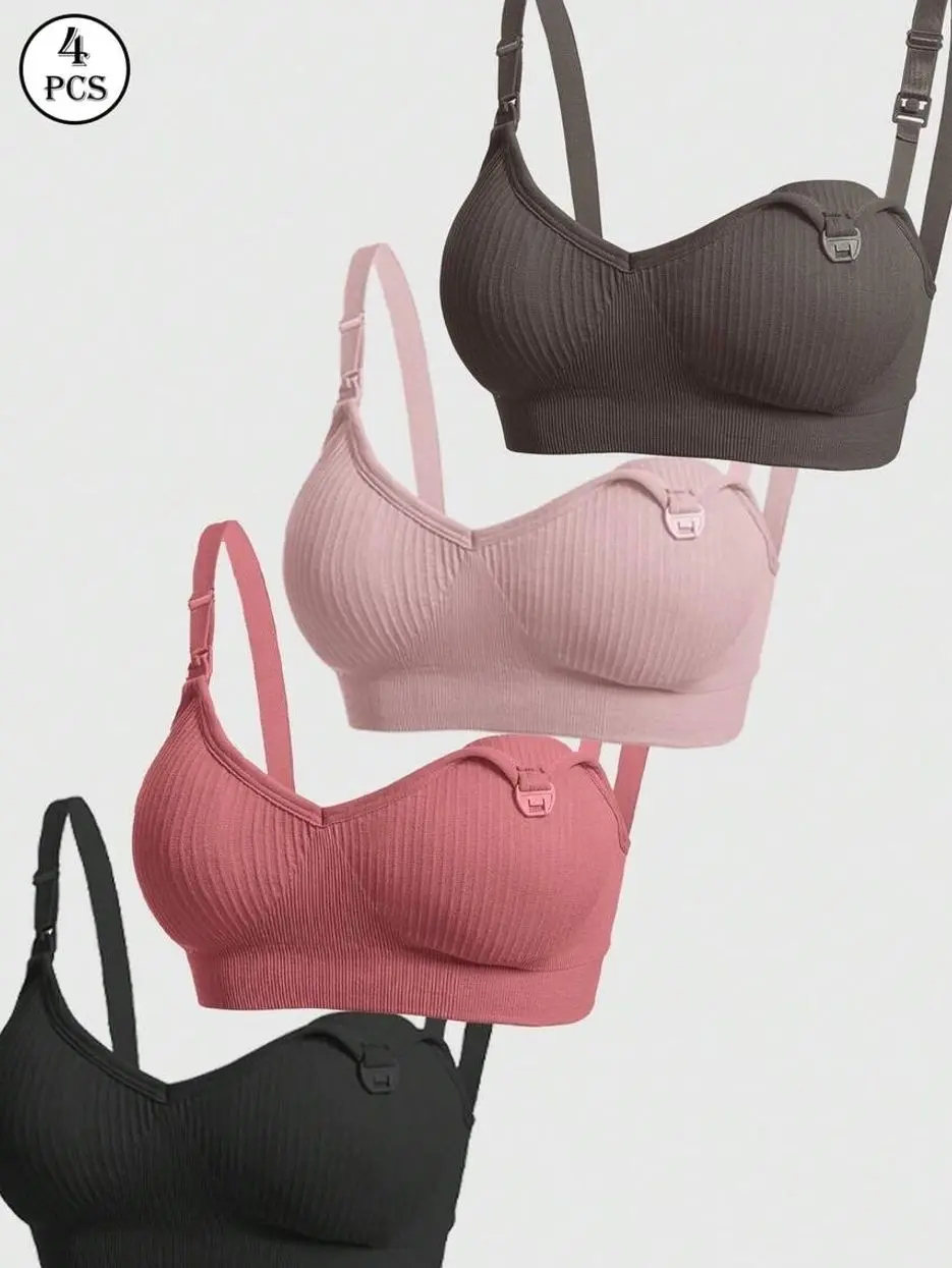 4pcs Maternity & Nursing Sexy Front Clip Bras, Comfortable Breastfeeding Lingerie
