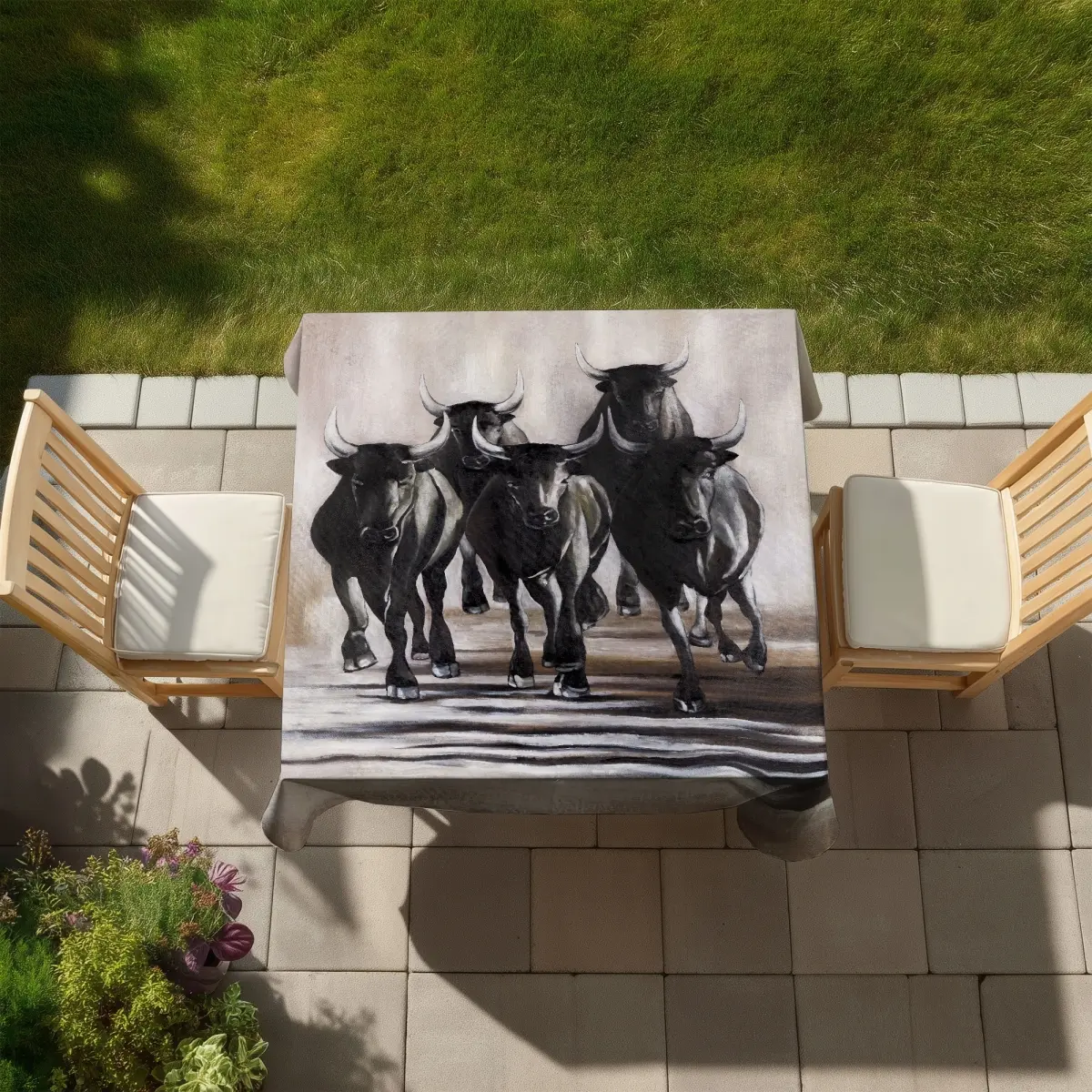360 stand Square Rustic Brown 58x58 in. Tablecloth - Running Bulls Design - Indoor & Outdoor Furniture Table Cover, Weather Resistant Table, Patio Decor, Rustic Tablecloths, Weatherproof Tablecloths