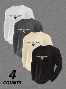 Men's 4 Pack 'push the Limits' Print Quick-Dry Long Sleeve T-Shirts, Breathable Lightweight Fabric, Casual Gym Wear, Athletic Workout Clothing, All Seasons