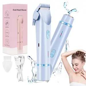 Bikini Trimmer for Women, Electric Shaver and Razor Wireless Hair Trimmer USB Rechargeable Cordless Trimmer 2-in-1 Body and Facial Hair Removal Double Head for Painless Trimming of Pubic Face Underarm Legs, IPX7 Waterproof, pink