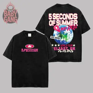 [Baby Gang] 5 Seconds Of Summer Band EVERYONE’S A STAR! 5SOS World Tour 2026 Vintage Heavy Washed Men's T-shirt Unisex Oversize Rock Pop-rock Band Cotton Gift For Rock Music Lovers Y2K Outfits Vintage 90s Graphic