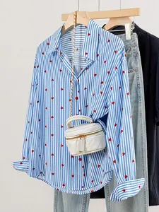Women's Spring Heart Stripe Long Sleeve Casual Shirt Blouses, Perfect Valentine's Day Gift, Ideal for Daily Wear & Special Occasions