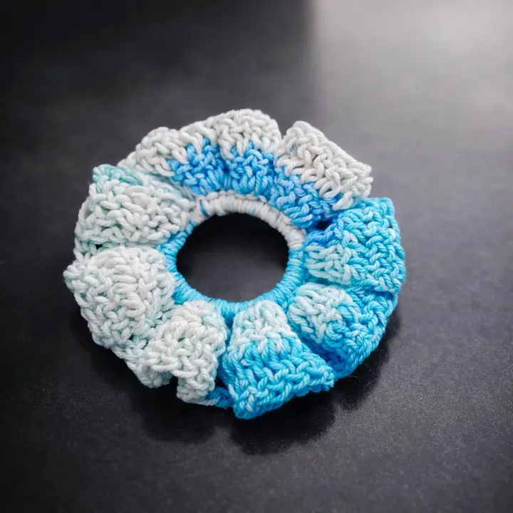 Handmade Crochet Scrunchie – Soft Blue & Cream
