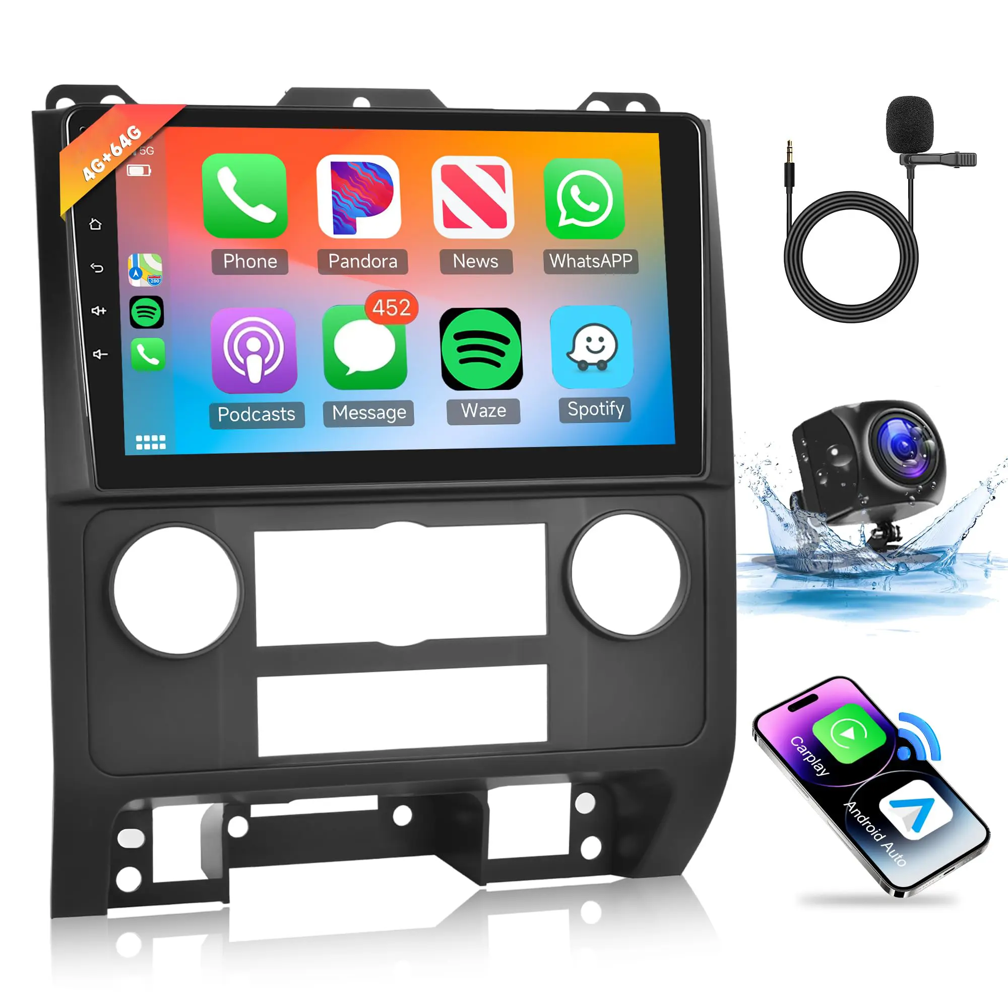 9-Inch Carplay Touchscreen Car Stereo for Ford Escape Kuga 2007-2012, 2+64GB with GPS, WiFi, Bluetooth, Mirror Link, Wireless Carplay, Android Auto, Backup Camera