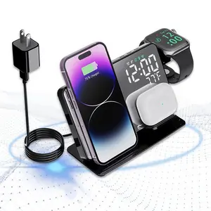 4 in 1 Wireless Charging Station, Multifunctional Desktop Charger with Fast Charging Supported, LED Clock & Temperature Display, Electronic Desktop Organizer for Home Office, Cellphone