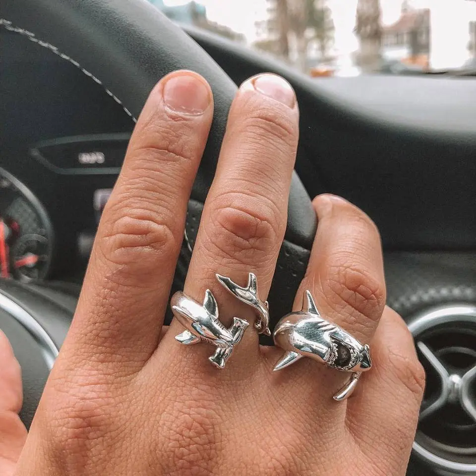 Vintage Minimalist Great White Shark Hammerhead Shark Open Alloy Women's Ring Set