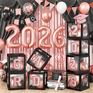 Rose Gold Black Graduation Balloon Boxes Decorations GRAD so Pround of You Letters with 2026 Number Balloons Pearl Rose Pink Black White Latex Balloons Congrats Party Backdrop College Celebrations KAINSY