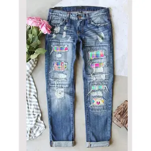 Women's patch torn injury mid waist boyfriend fits well washed cute Easter bunny egg print animal print loose denim jeans elastic waistband breathable and comfortable, suitable for all seasonsRAIMENTRY