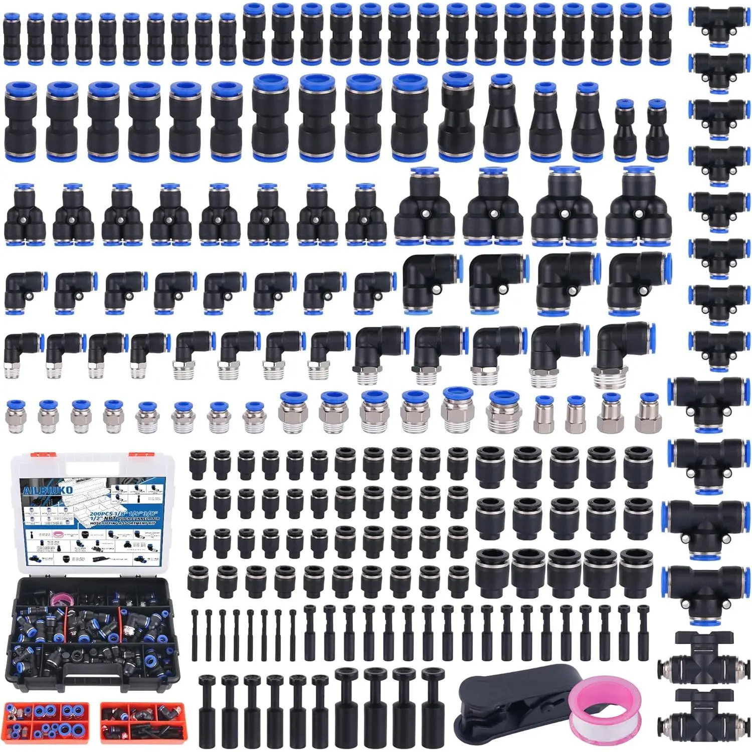 200 count Quick Connect Air Hose Fitting  Kit,Push to Connect Fittings 1/8" 1/4" 3/8" 1/2" NPT Thread Pneumatic Air Line Quick Connect Quick Release Fitting Kit