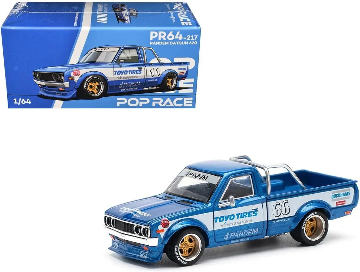 Pop Race 1:64 Pandem Datsun 620 Pickup Truck #66 Blue Metallic with White Stripes and Graphics Limited Edition PR640217