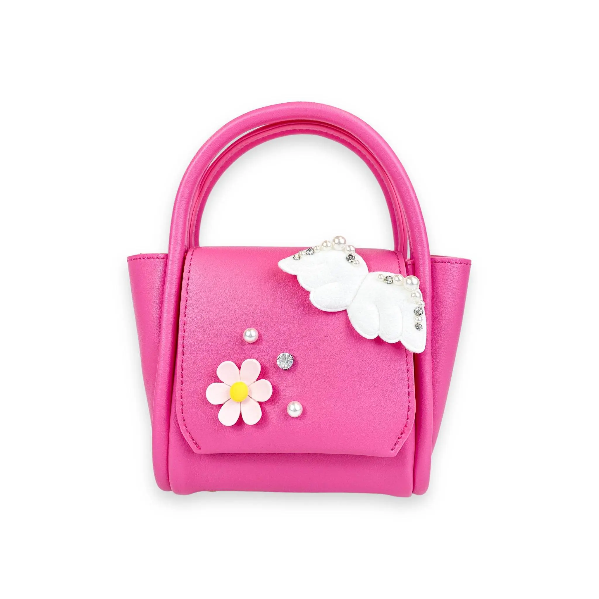 Angel Wing & Charms Leather Satchel Bag in Fuchsia