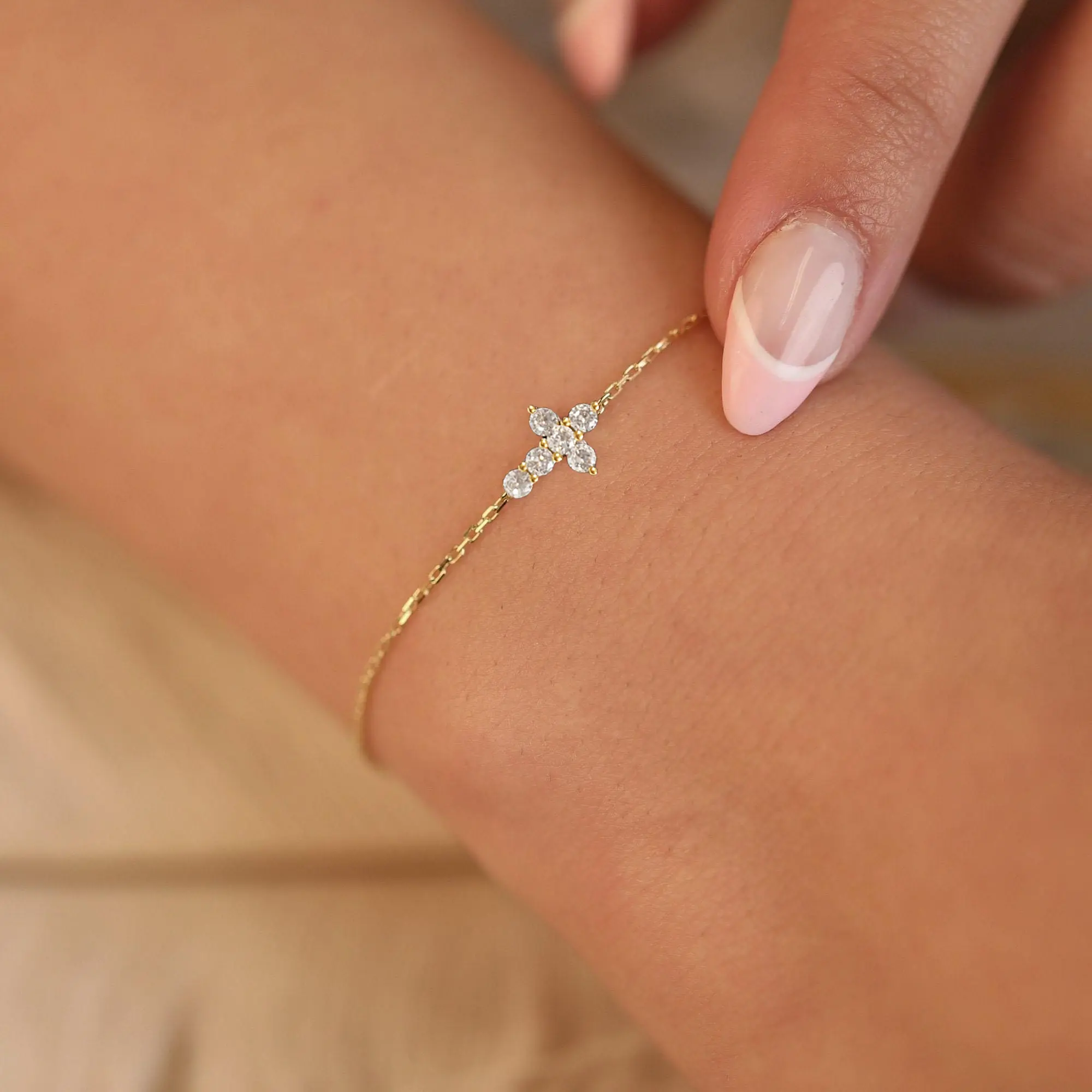 Minimalist 14K Gold Plated Cross Bracelet for Women, Dainty Sideways Crucifix Cable Chain, Tiny CZ Sparkling Religious Jewelry Gift