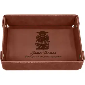 Personalized Light Coffee PU Leather Valet Tray – Custom Engraved Catchall for Desk, Dresser, or Nightstand – Compact Organizer for Keys, Wallet, Jewelry – Unique Gift for Him or Her