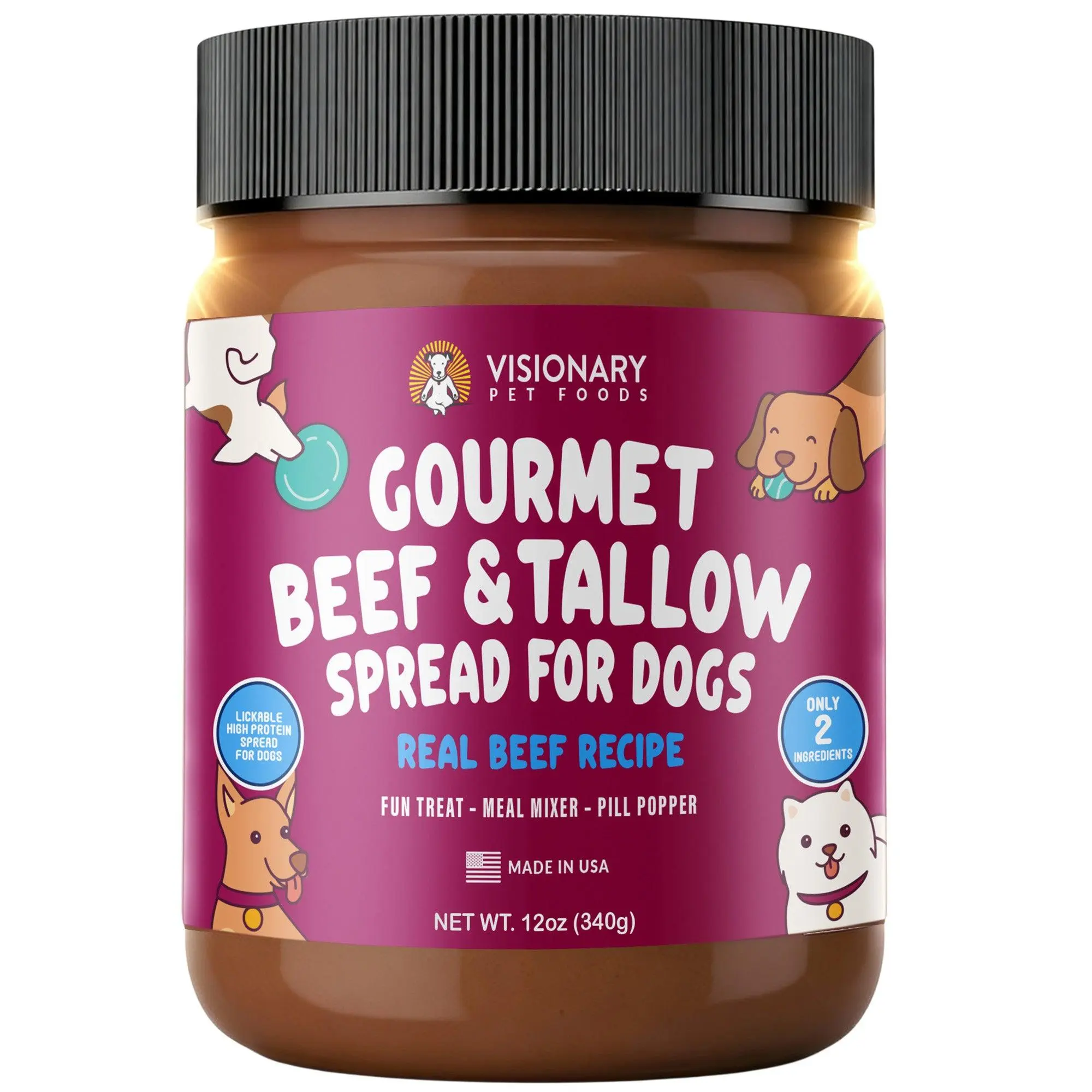 Visionary Pet Foods Beef & Tallow Dog Meat Spread, High-Protein Treats, Low-Carb, Keto-Friendly, Healthy Weight Support Dog Treats | 12oz Jar