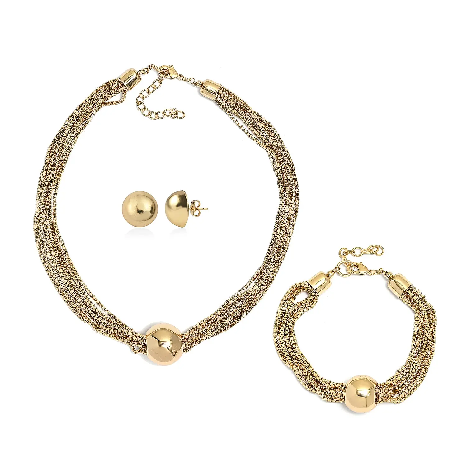 3 Piece Set - Multi Layer Chain Necklace (15 Inches), Bracelet (7.50In) and Earrings in Goldtone