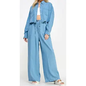 Wide Legged Jean Pant Set With A Cropped Button- Up Top
