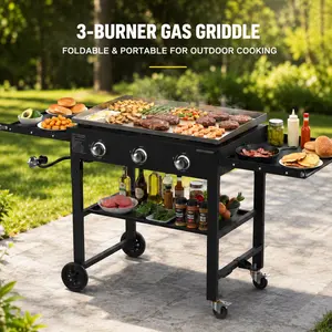 BESTFIRE 45K BTU Outdoor Flat Top Grill – 35" 3-Burner Propane Griddle with Foldable Shelves, Heat Resistant Stainless Steel, Enameled Cast Iron Grate for Camping