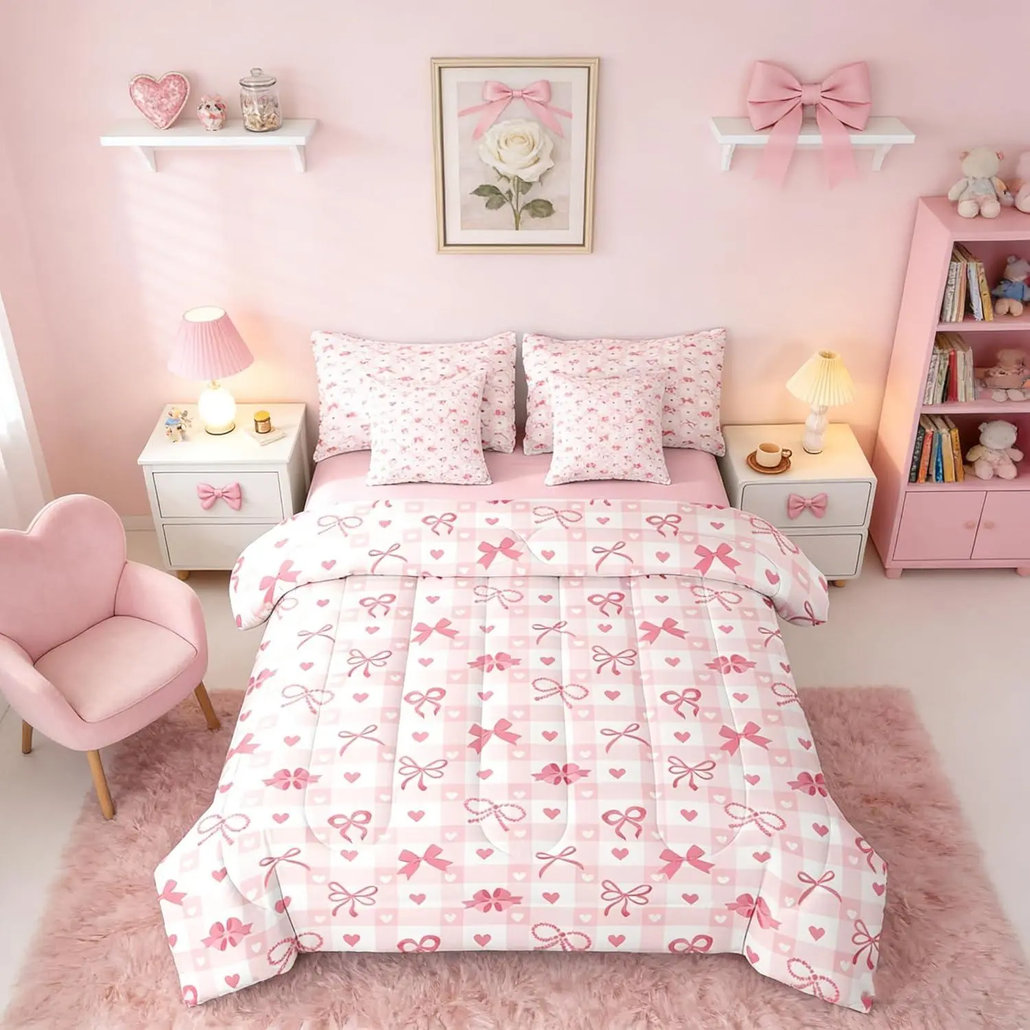 Feelyou Toddler Girl Pink Princess 7-Piece Microfiber Bedding Set - Bedsheet Sets, Bowknot Design Blanket, Breathable Comforter, Pink Bow, Romantic Love Heart Knot, Ribbon, Geometric Sheet, Bed Bag, Toddler Girl Bedding Set