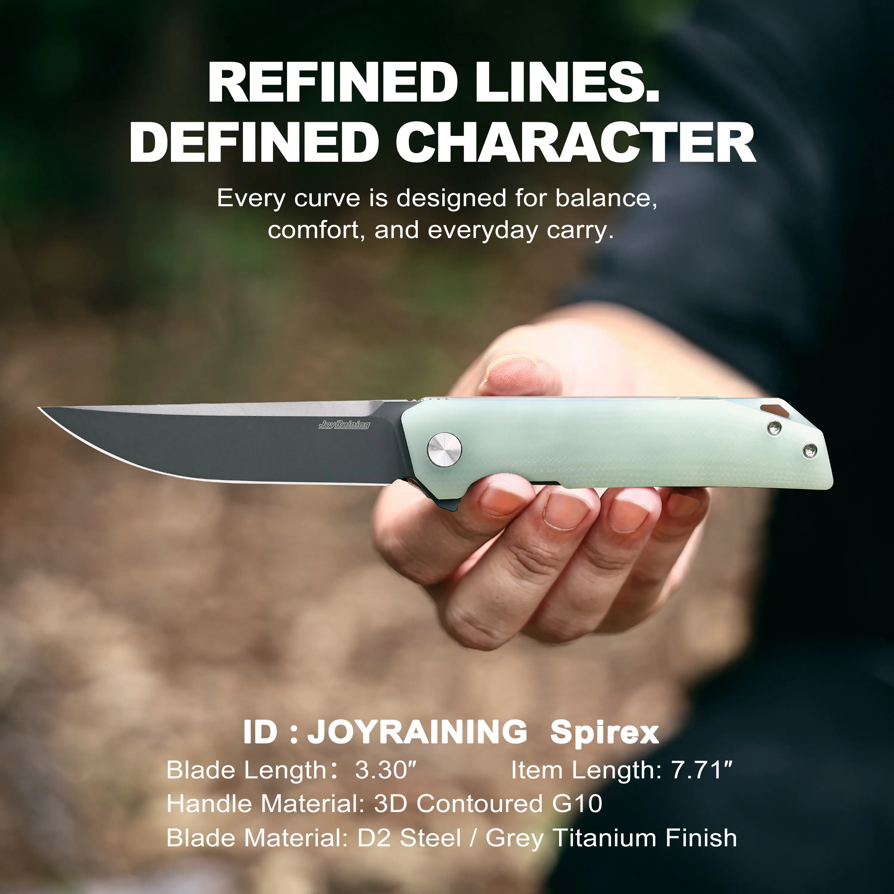 Joyraining Spirex Folding Pocket Knife, D2 Steel Grey Titanium Blade, 3D Contoured G10 Handle, Liner Lock EDC Knife, Slim Modern Design Everyday Carry Folding Knife