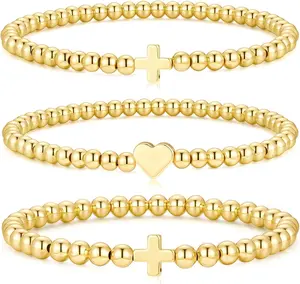 Gold Beaded Bracelets Set for Women Teen Girls - Dainty 14K Gold Plated Beaded Pearl Cross Bracelet Stack for Women Trendy Non Tarnish Adjustable Stretch Jewelry Gifts
