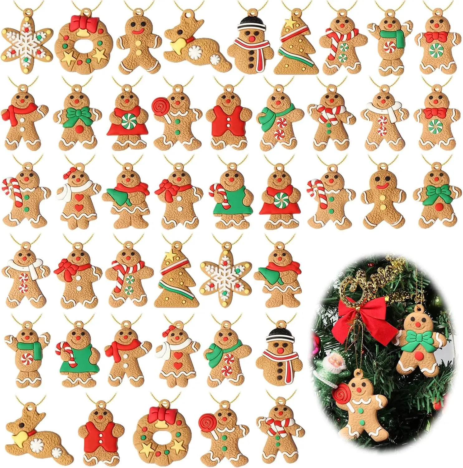 44 Pcs Mini Christmas Gingerbread Ornaments Tiny Gingerbread Man Ornaments Hanging Charms Figurine Decoration Ginger Man with Strings for Mini Christmas Tree Decorations