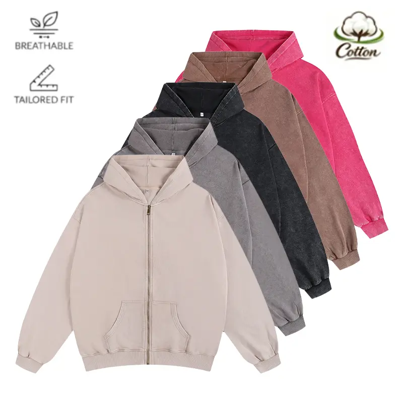 Men’s washed vintage zip solid-color  sweatshirt, cotton fabric with wear resistance  fashionable street style, suitable for everyday  wear and outdoor wardrobe winter grey   Casual Hooded Kangaroo Pocket Cardigan men  fall clothes acid wash hoodie
