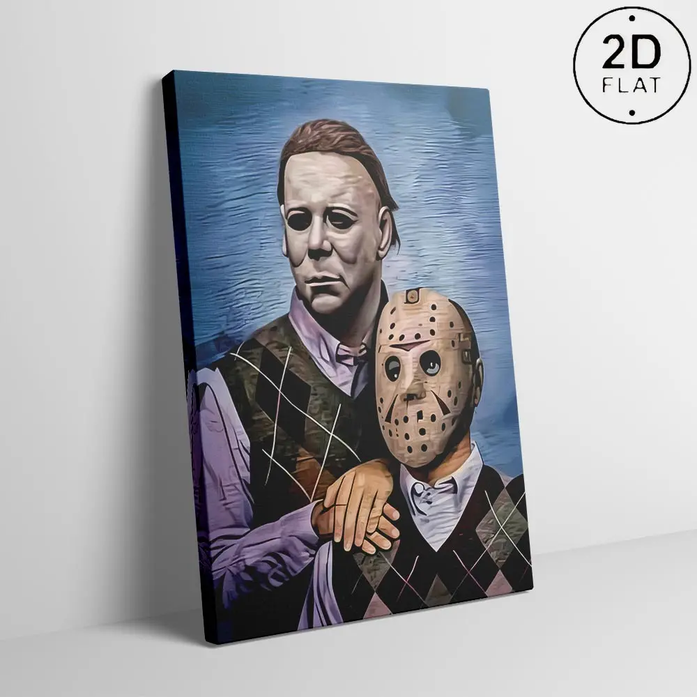 Framed 2D Horror-Themed Canvas Wall Art Print Design - Michael Myers & Jason Voorhees Graphic Prints, Art Work for Wall Decor, Decoration for Men’s Wine Cellar, Game Room, Kitchen