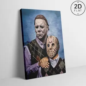 Horror‑Themed Wall Art for Men’s Wine Cellar & Game Room, Framed 2D Canvas Painting Featuring Michael Myers and Jason Voorhees from Horror Movies, Decorative Ornament for Living Room, Bedroom and Office