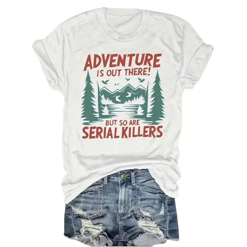 Women's Casual Short Sleeve T-Shirt - "Adventure Is Out There!" Mountain Lakes Graphic Print, Round Neck Summer,Machine Washable Outdoor Enthusiast Apparel, Everyday Comfort, Relaxed Fit Crewneck Birds Love Fabric Garment Breathable Top Aesthetic
