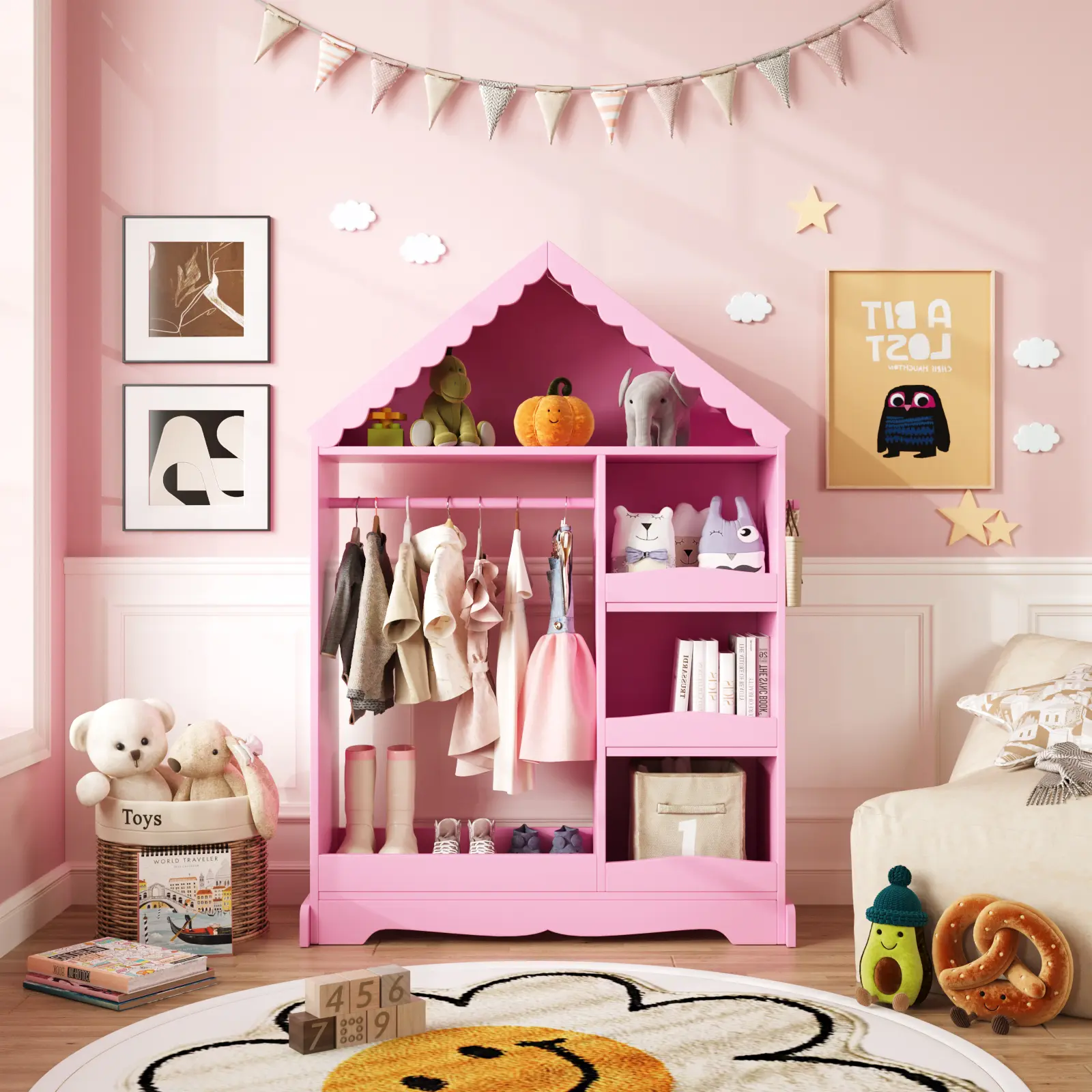 VOWNER Kids Closet with Mirror, Wardrobe with Clothing Rack, Shelves, Hooks & Cubbies for Bedroom Playroom