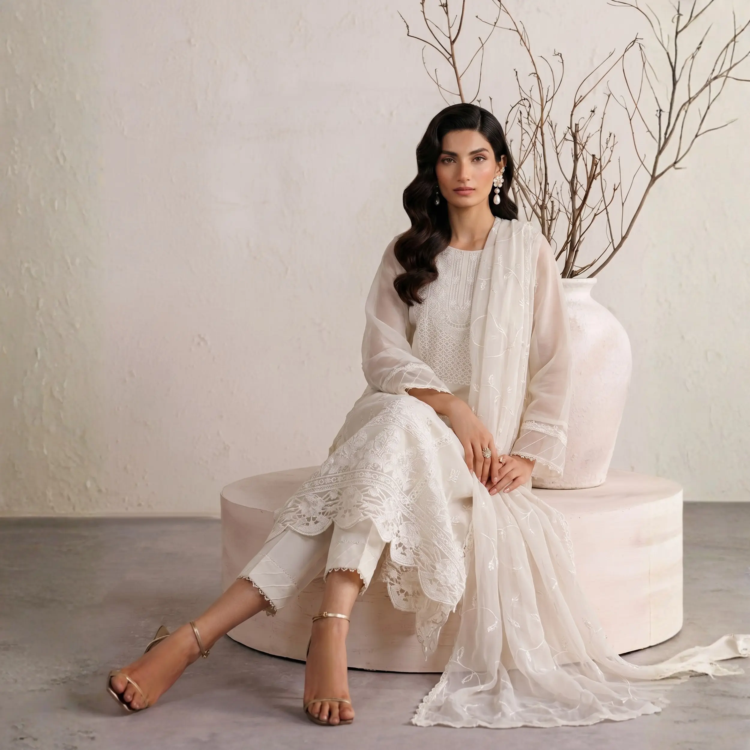 White Embroidered Chiffon 3 Piece Suit for Women | Premium Chiffon Shirt, Trouser & Embroidered Dupatta | Festive & Party Wear