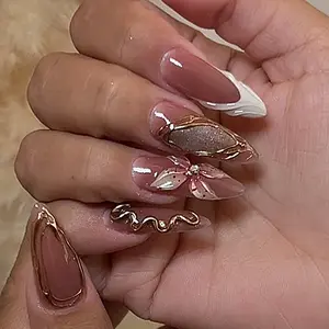 24pcs Almond Shape Handmade French Nail Art, 3D Flower High-Quality Fake Nails, Elegant and Stylish Manicure Accessories