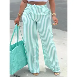 Women's Striped Print Pocket Wide Leg Pants, Casual Fashion Pants, Casual Comfy High Waist Trousers for Daily Wear, Ladies Bottoms for All Seasons