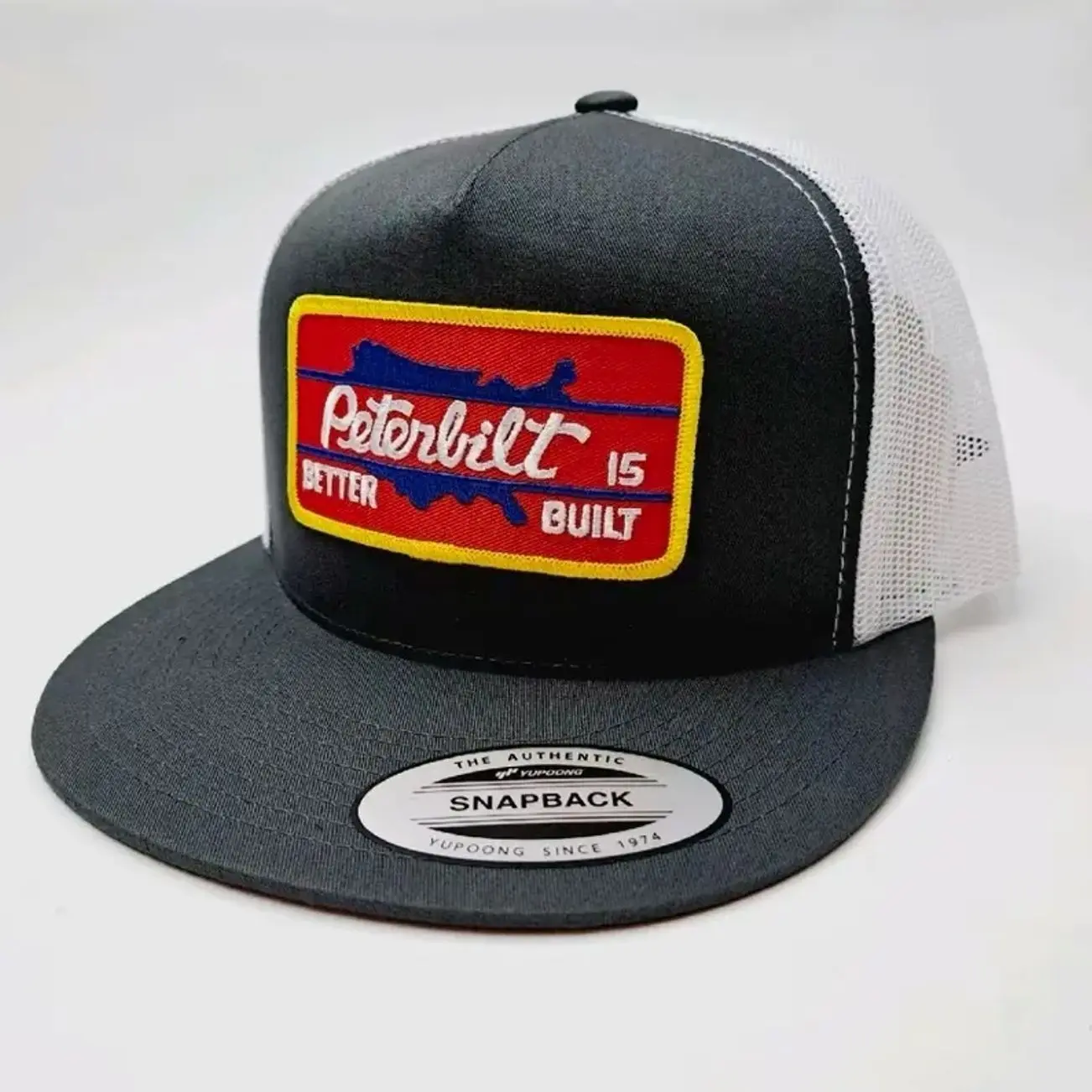 Peterbilt Embroidered Patch Trucker Hat - Gray & White, Flat Bill, Mesh Snapback Cap
