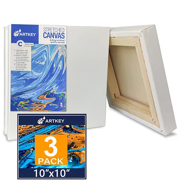 Gallery Wrapped Stretched Canvases for Painting 10x10 Inch 3-Pack, 16 oz Triple Primed Acid-Free 100% Cotton Blank Canvas, Square Spline Canvas for Oil Paint Acrylics Pouring & Wet Art Media