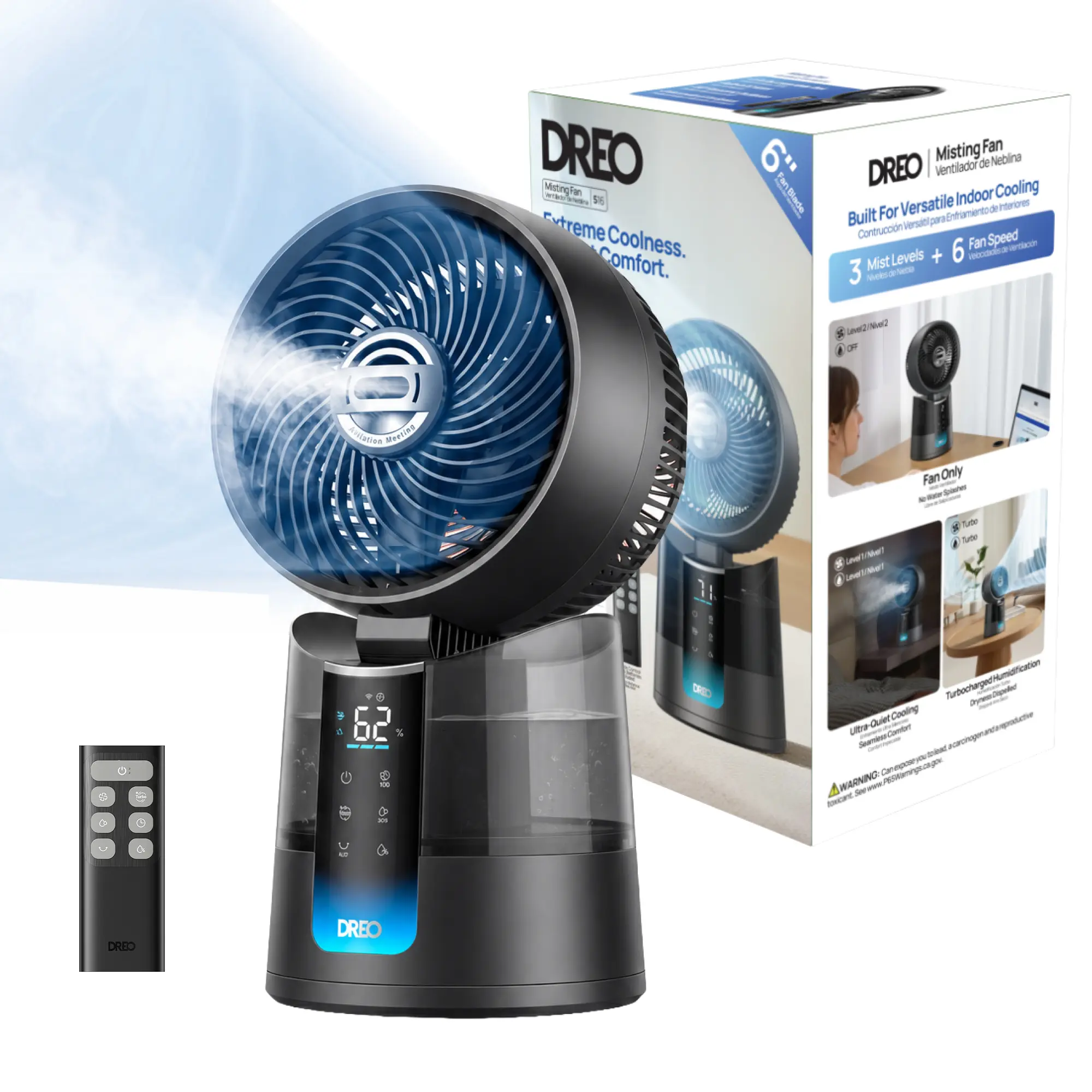 DREO TurboCool 516S Compact Multifunction Desk Portable Fan - Adjustable Cooling High Velocity Evaporative Air Cooler, 150°+30° Omni-Directional Oscillation, 26 ft/s Ultrafine Mist, 20dB Quiet, 6 Speeds, 2 Modes, Remote & App Control, RGB Lighting, Grey,