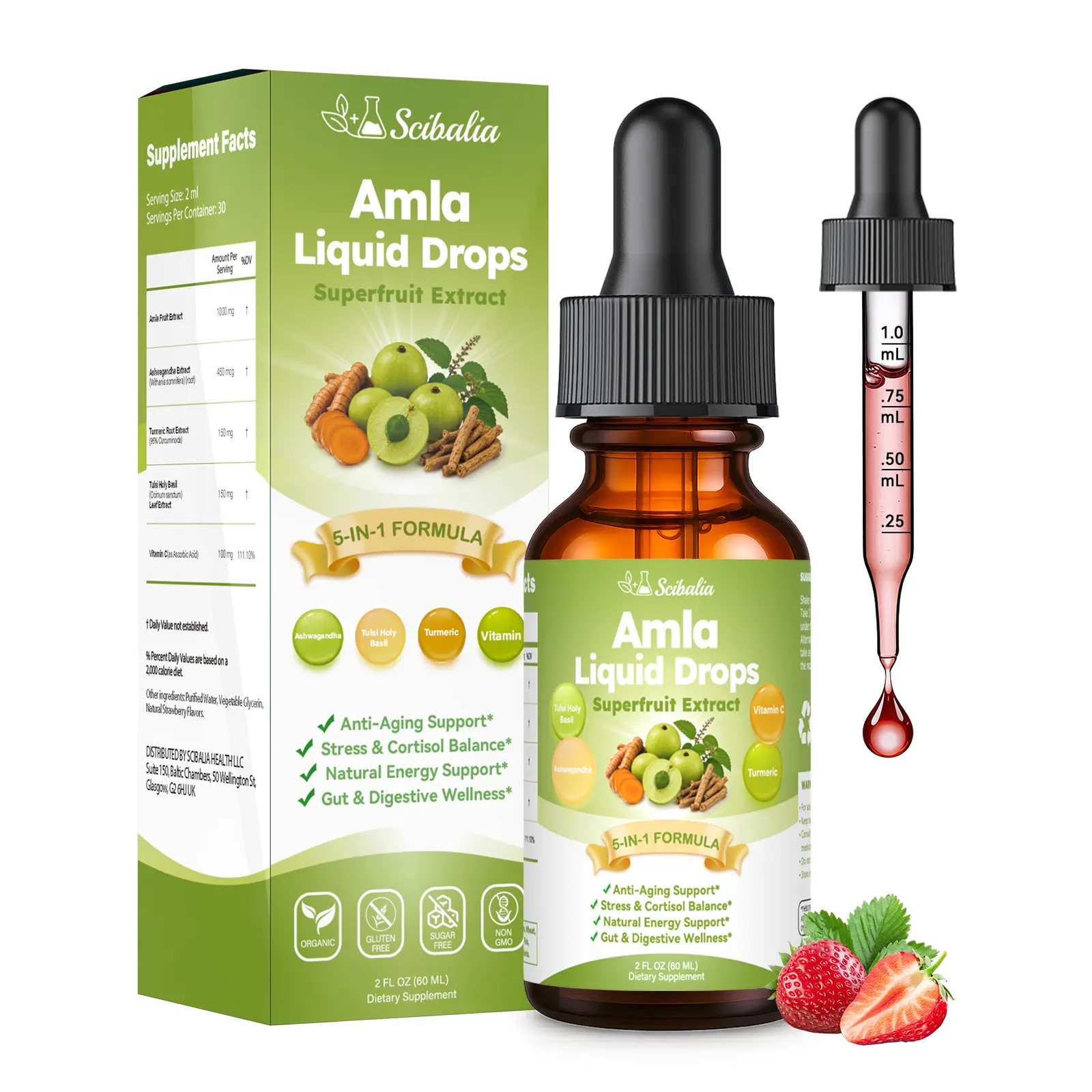 Organic Amla Liquid Drops, Indian Gooseberry Amla Superfruit Extract 1000mg | Advanced 5-in-1 Amla Herbal w. Ashwagandh Turmeric Tulsi for Antioxidant Energy & Digestive Hair Ayurvedic Daily Wellness