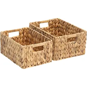 Wicker Baskets 15x11x7 & 13.4x9.5x6.5, 2 Pack  Big Wicker Storage Basket with Handles,  Water Hyacinth Wicker Baskets for Storage Shelves Organizing, Rectangle Wicker Basket