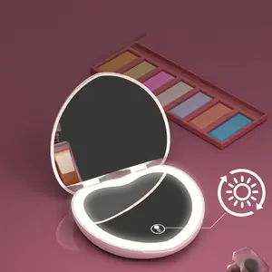 Heart Design Rechargeable Travel Makeup Mirror, Compact LED Lighted Magnifying Glass, Portable Touch Screen Adjustable Brightness Gift for Women