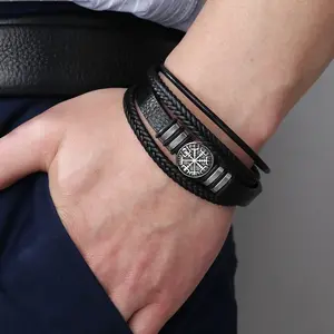 Men's Bracelet  Vegan Leather Punk Compass Charm Fashion 8.5in Bracelet Bangle for Men, Gift for him, Couples gift
