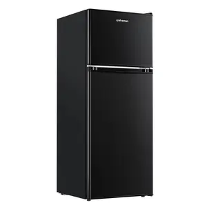 Upstreman 4.0 Cu.Ft Double Door Portable Refrigerator with Freezer, Stainless Steel, Large Capacity, Adjustable Thermostat, Energy Efficient, Quiet Operation, Mini Fridge, Double-Compartment Mini Fridges
