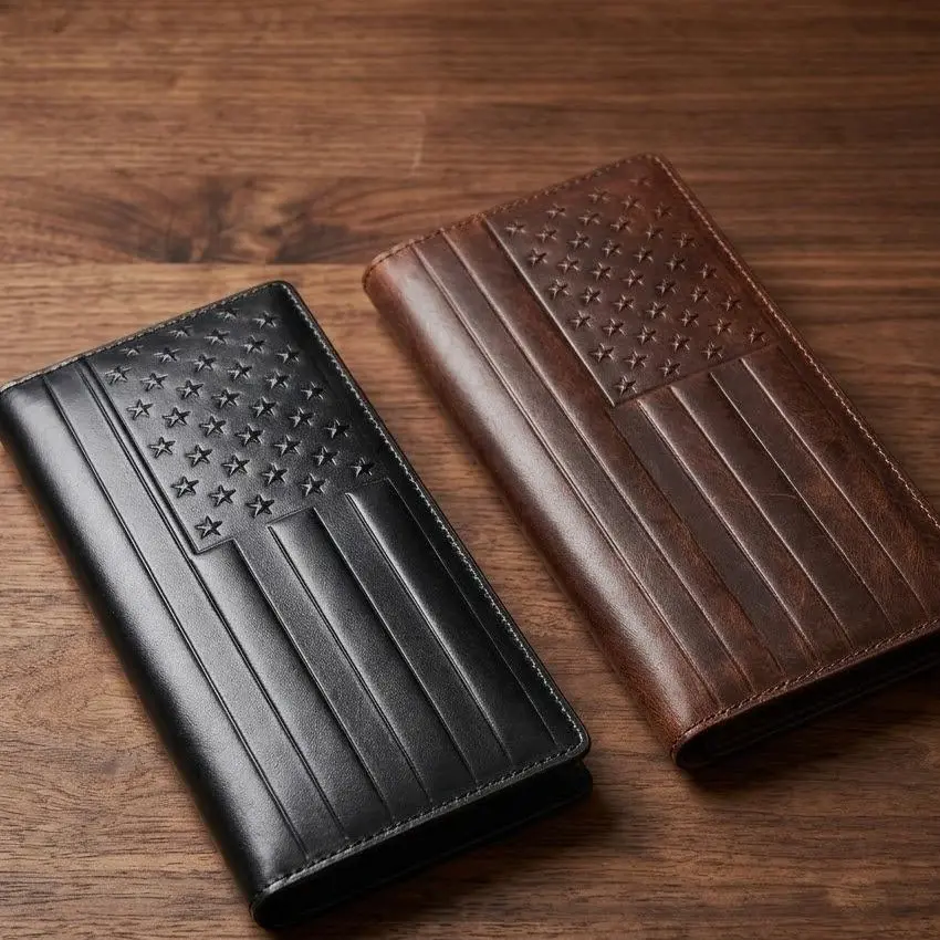 Leather Wallet for Men, Handmade Cowhide RFID Blocking Wallet, American Flag Long Wallet, Birthday Father's Day Christmas Gift for Men tooled e