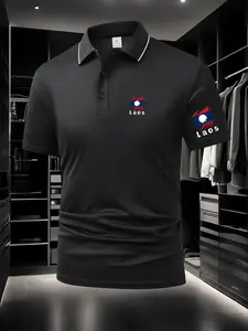 Men's Laos National Flag Element Print Polo Shirt - Chest & Sleeve Double Print Design, Minimalist & Stylish, Soft & Comfortable Summer Short Sleeve, Casual Daily Top