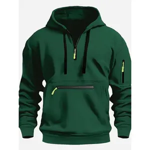 Men'S Casual Hooded Sweatshirt with Pocket and Quarter Zip, Polyester 100% Knit Fabric,