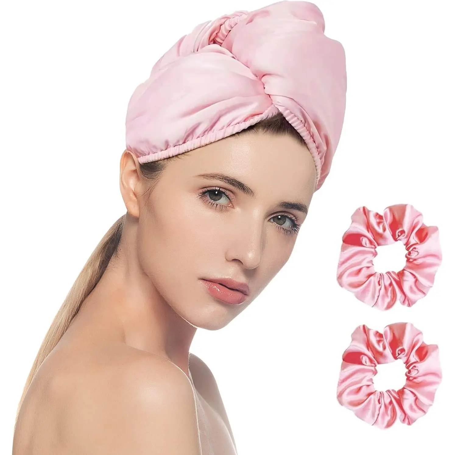 Satin Hair Towel Wrap - Satin Silk Hair Wrap for Sleeping, Large Hair Wrap Towels with Scrunchies, Anti Frizz Hair Drying Towel Wrap for Women , Hair Towel Wrap for Long Hair